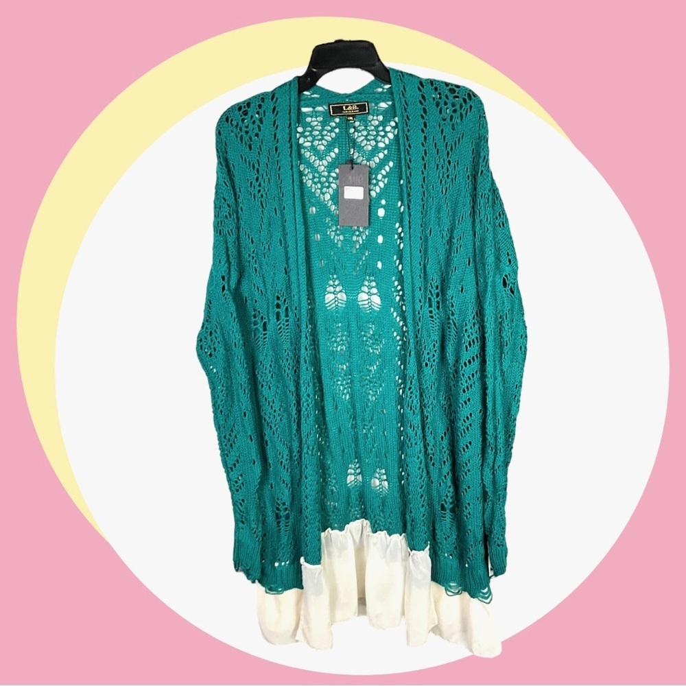 NEW L&B Dark Bluegreen Long Cardigan w Ruffle & Ripped Edging Wm L/XL